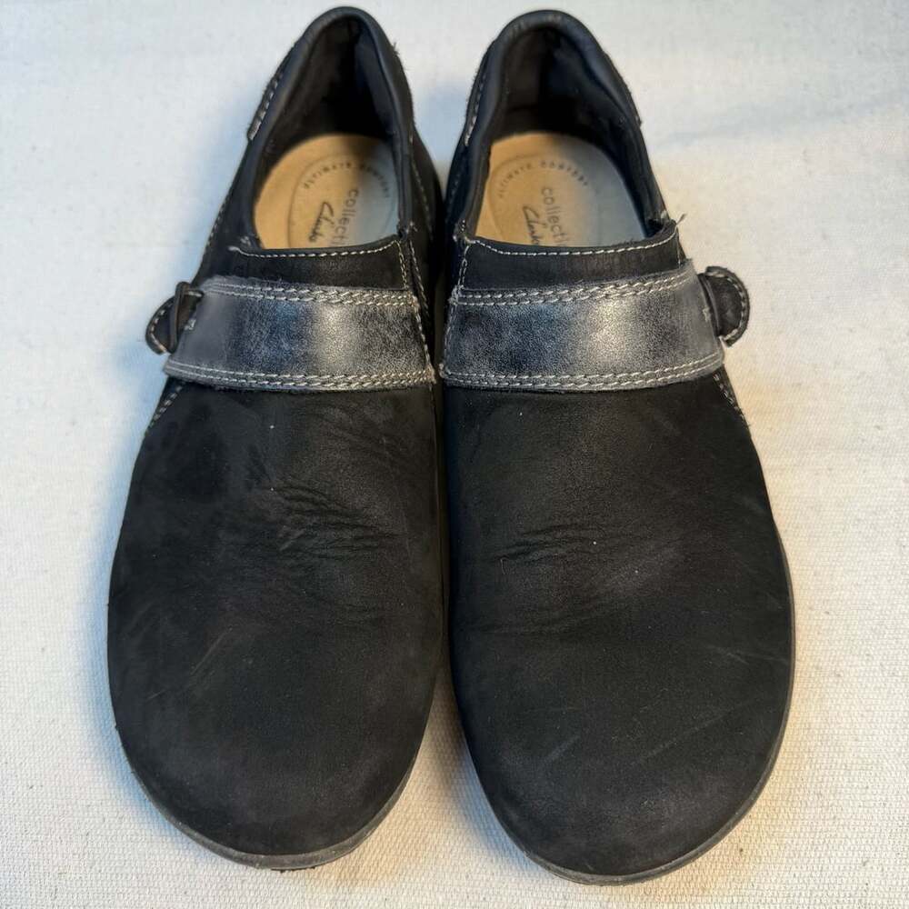 Clarks Roseville Dot Black Suede Slip On Shoes
